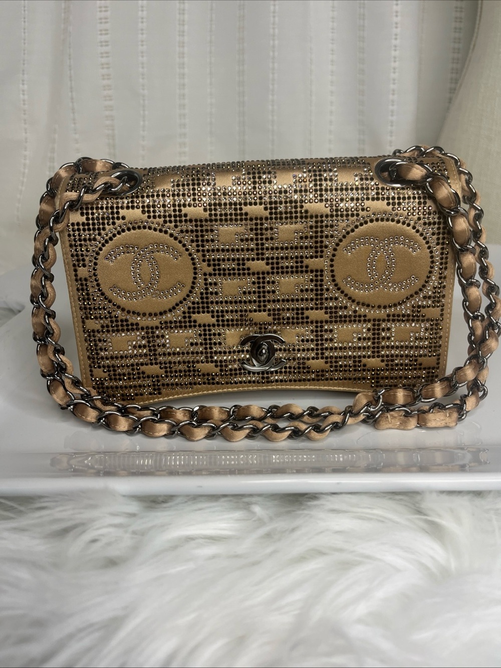 CHANEL Metallic Gold Crystal-Studded Chain Crossbody Bag